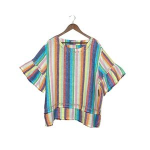 John Mark Linen Rainbow Striped Embroidered Top Size 1X Boho Artsy Colorful NEW